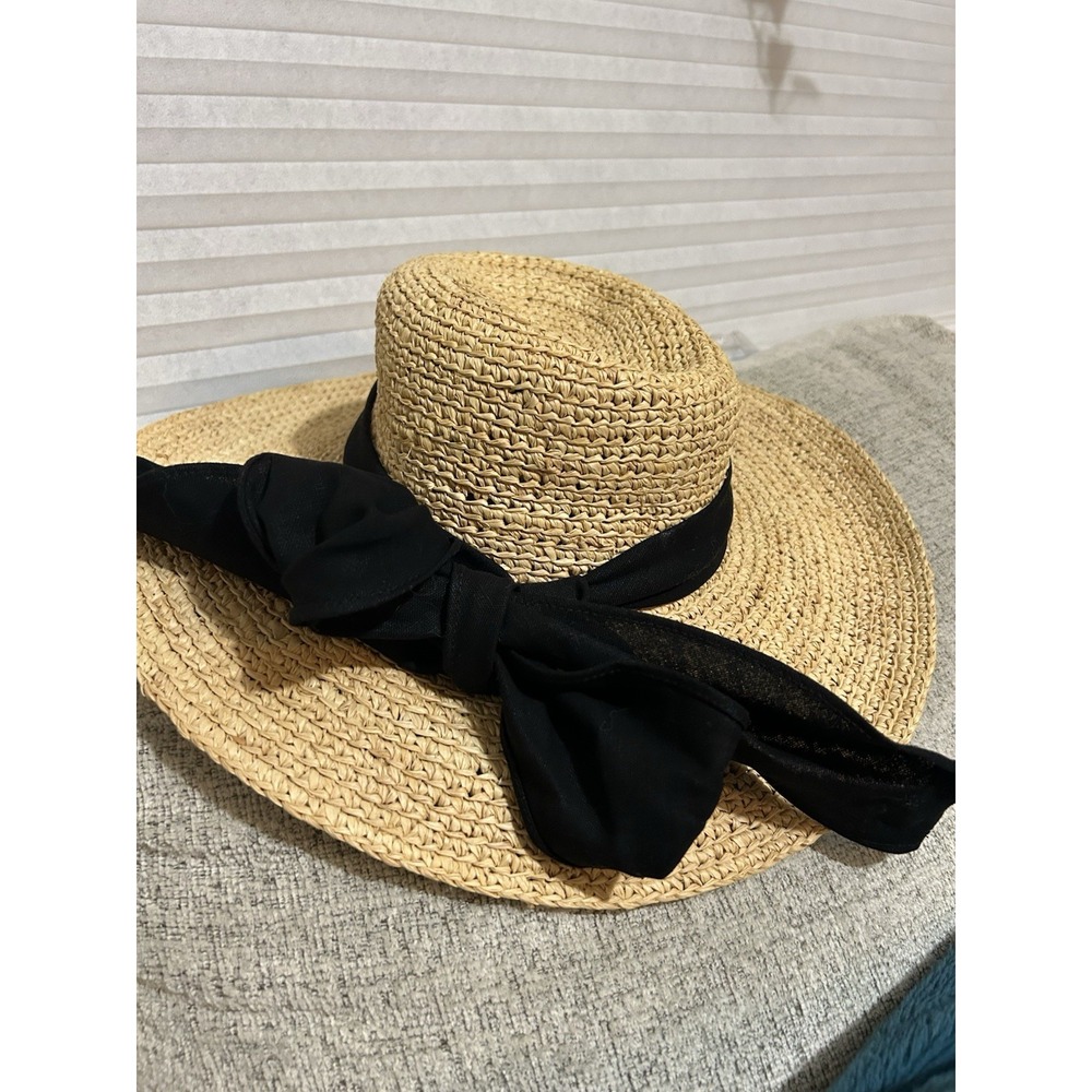 The Scala Collection Wide Brim Straw Sun Hat Black Band/Bow Natural Jute